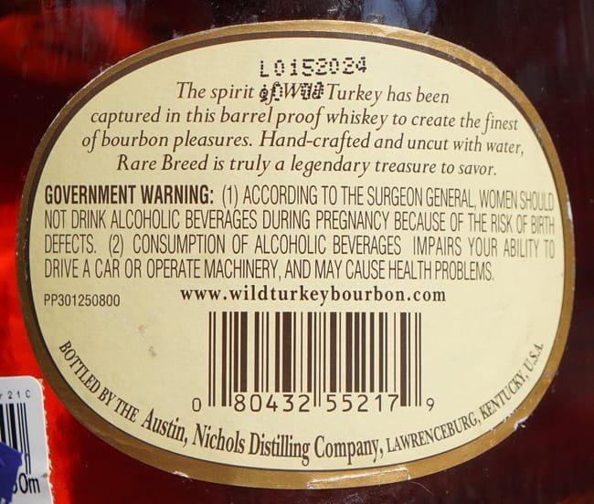 wild turkey wt 01 99 2001 back label