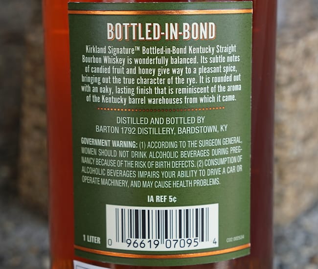 kirkland bottled in bond review back label