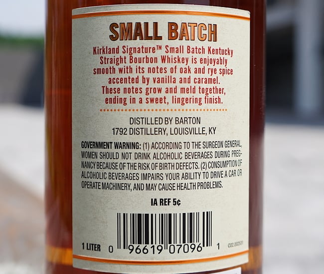 kirkland small batch bourbon back label