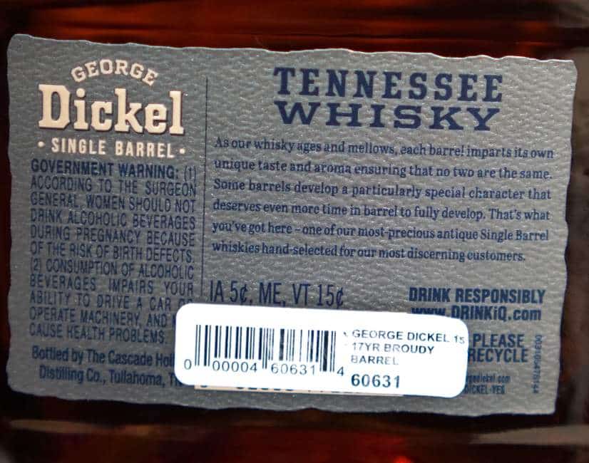 George Dickel 15 Year Single Barrel back