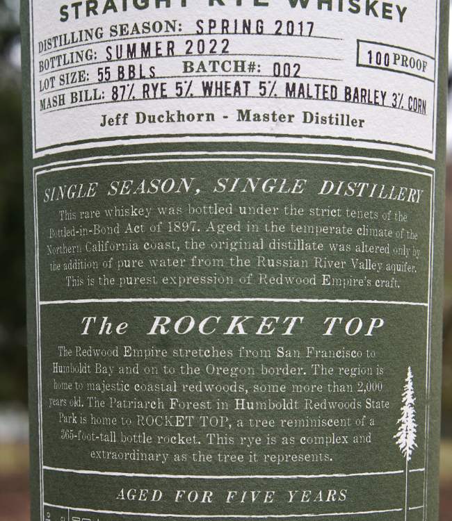 redwood empire bottled in bond rocket top rye back