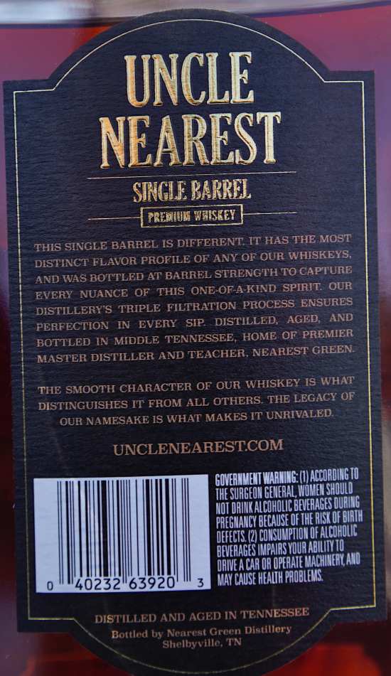 Uncle Nearest Single Barrel Whiskey back