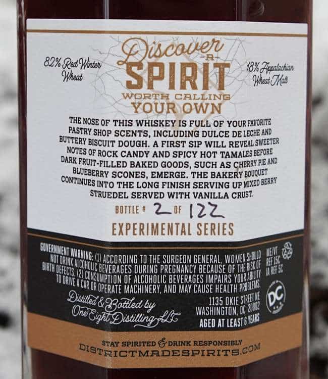 One Eight District Made Single Barrel Wheat Whiskey back