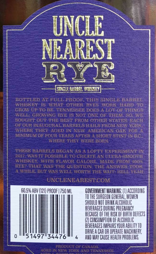 Uncle Nearest Single Barrel Rye back