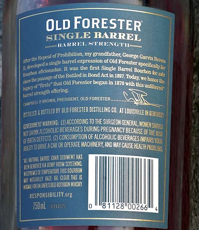 Old Forester Single Barrel Barrel Strength back