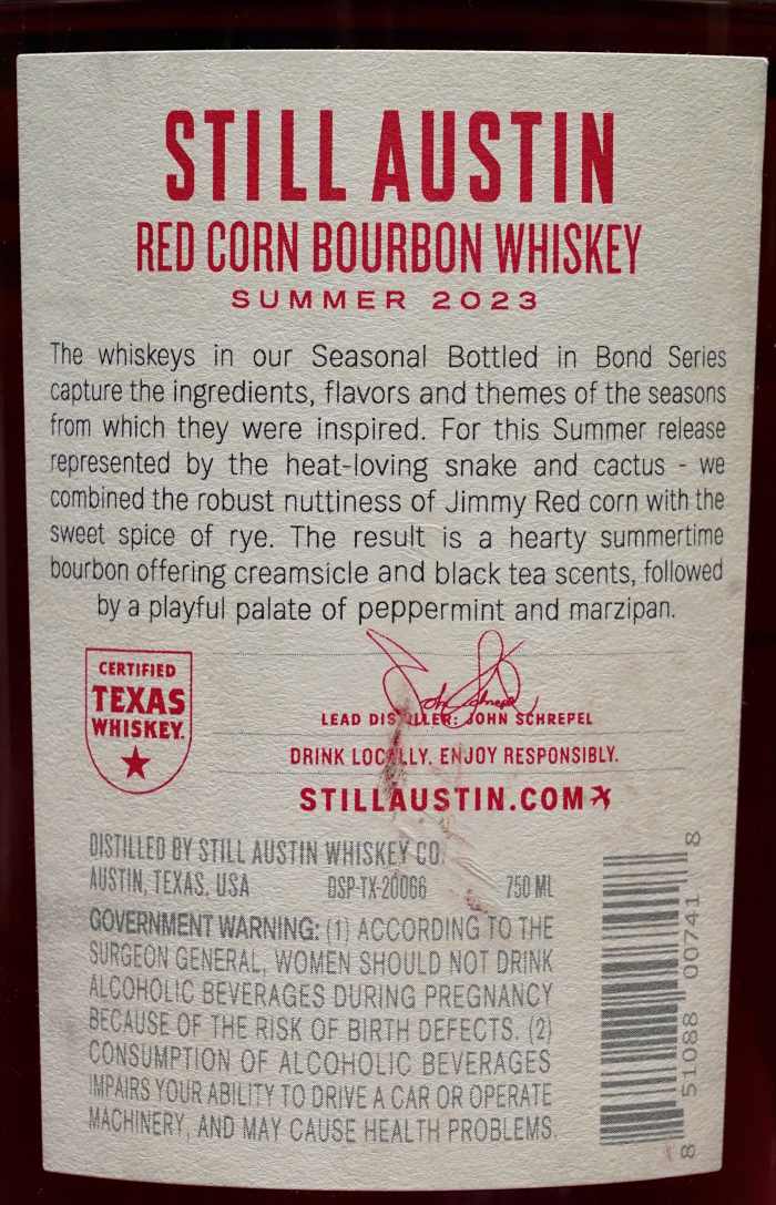 Still Austin Bottled in Bond Red Corn Bourbon back