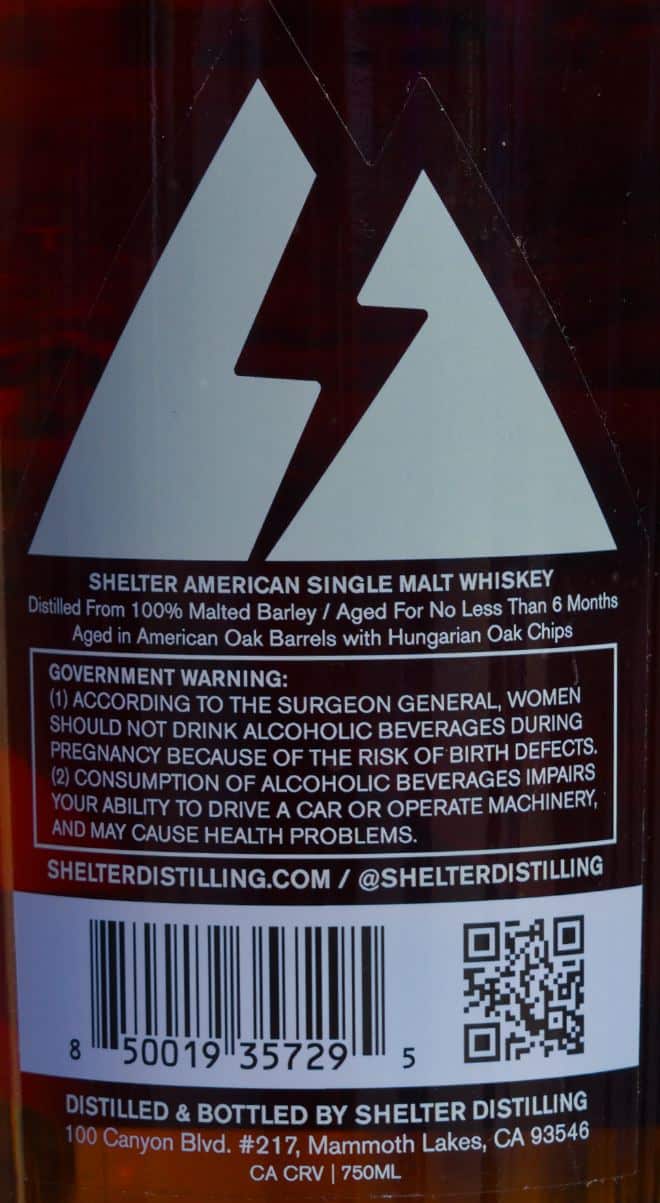 Shelter American Single Malt Whiskey back