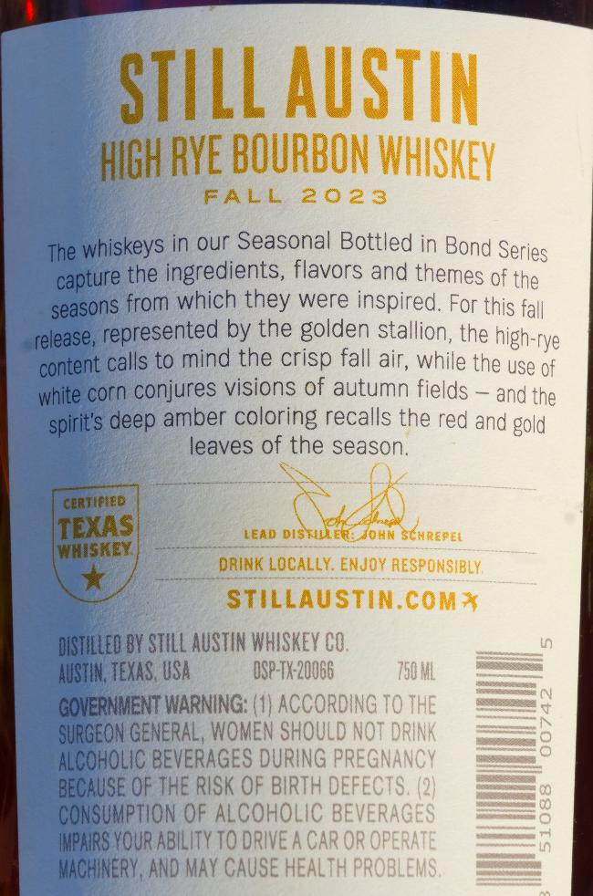 Still Austin Bottled in Bond High Rye Bourbon back
