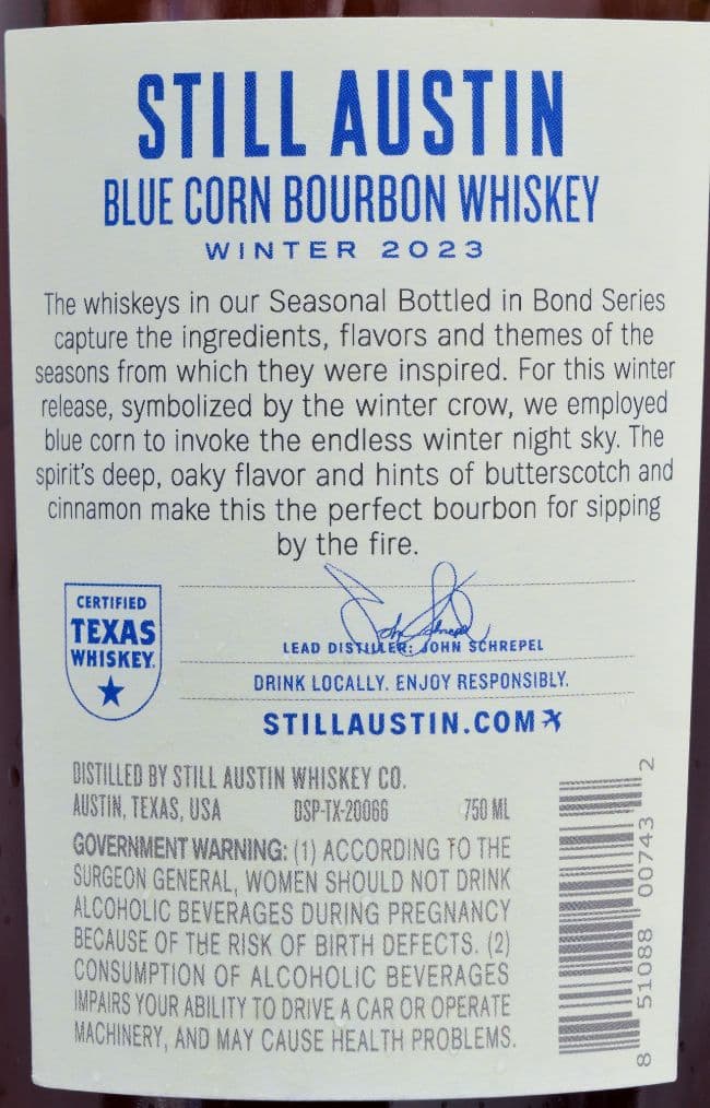 still austin blue corn bourbon back