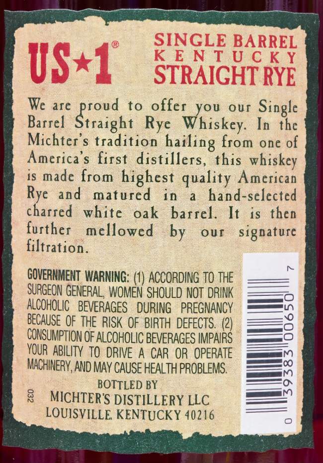 Michter's Single Barrel Rye back