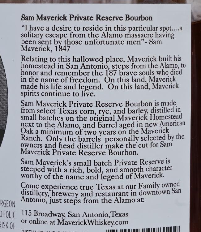 Samuel Maverick Private Reserve Bourbon back 2