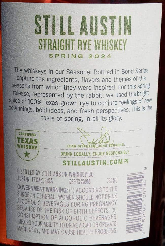 still austin bottled in bond rye back