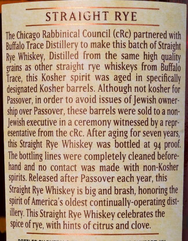 buffalo trace kosher rye whiskey back