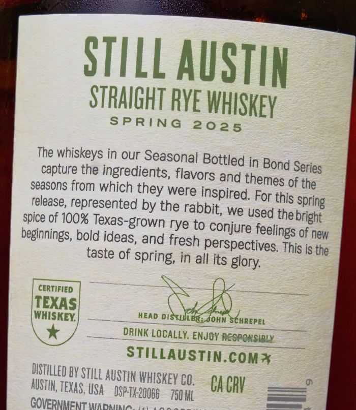 Still austin bottled in bond rye 2025 back